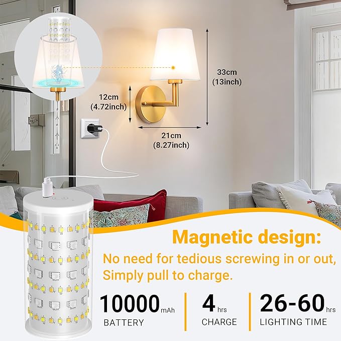 Peel and Stick Wall Sconces, Stick On Wall Sconce Set of 2, Battery Operated Wireless Wall Light, No Drill Adhesive Wall Lamp, Corn Bulb with 10000mAh Rechargeable Battery, Bedroom Wall Decor