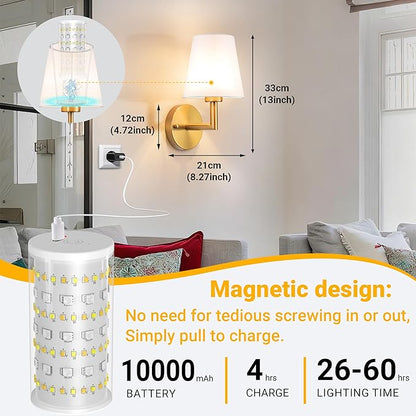 Peel and Stick Wall Sconces, Stick On Wall Sconce Set of 2, Battery Operated Wireless Wall Light, No Drill Adhesive Wall Lamp, Corn Bulb with 10000mAh Rechargeable Battery, Bedroom Wall Decor