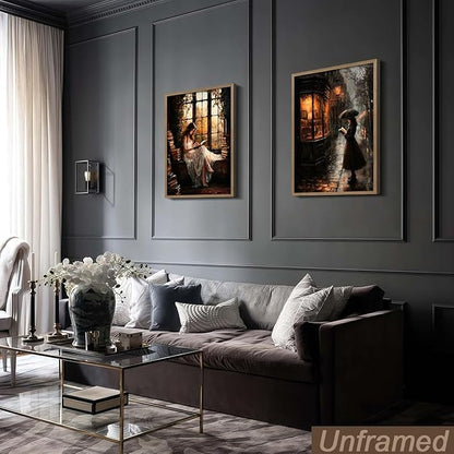 NCYEL 2Pcs Dark Academy Canvas Wall Art Painting Book Reading Print Vintage Style Drawing Gothic Poster Girl Street Scene Picture Library Study Bedroom Decor Literature Gallery 12x16 Inch Unframed