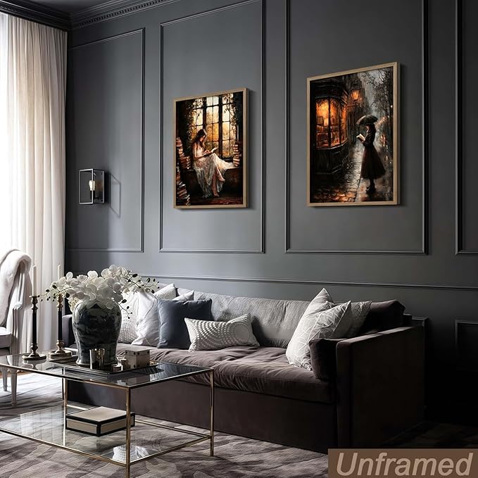 NCYEL 2Pcs Dark Academy Canvas Wall Art Painting Book Reading Print Vintage Style Drawing Gothic Poster Girl Street Scene Picture Library Study Bedroom Decor Literature Gallery 16x24 Inch Unframed