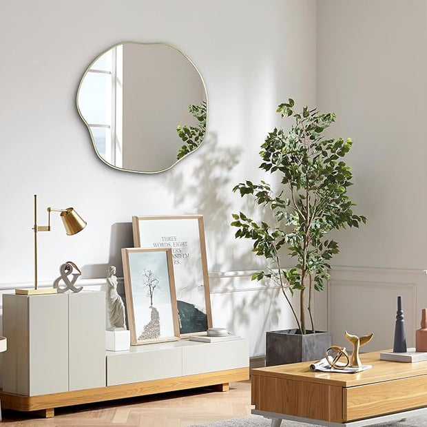 POZINO Gold Irregular Mirror, 20" Asymmetrical Wall Mirror, Scalloped Rounded Mirrors, Modern Frameless Abstract Mirrors for Living Room Bedroom Bathroom Entryway Hallway Fireplace
