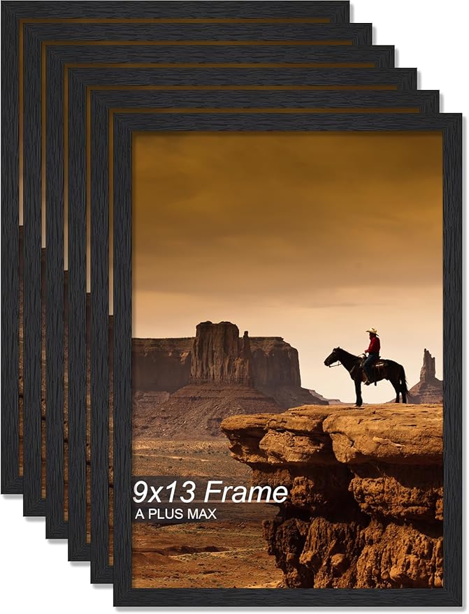 A PLUS MAX 9x13 Picture Frame Set of 6, Black Engineered Wood Frame for 9 x 13 Inch Picture Poster Photo, Light Weight 9 by 13 Frame with Wood-grain for Wall - 6 Pack/Black/9"x13"