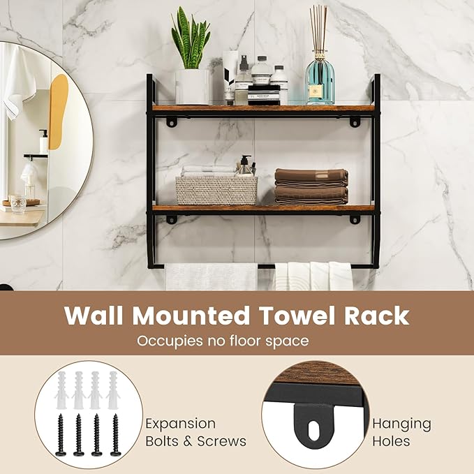 Giantex Wall Mounted Bathroom Shelves with Towel Bar, Industrial 2-Tier Over The Toilet Storage Organizer with Metal Frame, Wooden Wall Shelves, Floating Shelves for Bathroom, Kitchen, Living Room