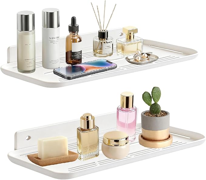 Adhesive Floating Shelves No Drill Floating Shelf for Wall Storage Damage-Free Wall Mounted Organizer for Bathroom, Kitchen, Bedroom & Office (White, 2 PCS)