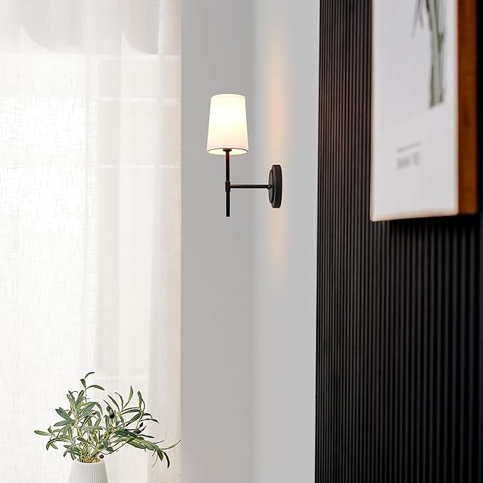 Globe Electric 51859 1-Light Wall Sconce, Matte Black, White Fabric Shade, Wall Lighting, Wall Lamp Dimmable, Wall Lights for Bedroom, Kitchen Sconces Wall Lighting, Home Décor, Bulb Not Included
