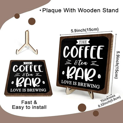 Coffee Bar Decor Sign, Rustic Wooden Plaque for Coffee Lovers, Farmhouse Shelf Accent, Gift for Espresso Fans, Kitchen or Café Desk Display, 5.9 x 5.9Inch(Black+Brown)