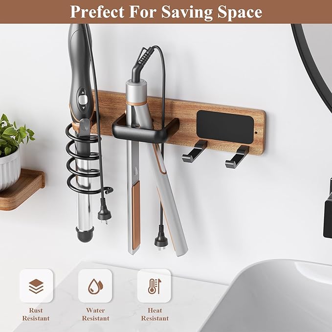Tindbea Hair Dryer Holder Curling Iron Holder Flat Iron, Blow Dryer Holder Wall Mount, Bathroom Hair Tool Organizer Rack for Universal Dryer (Sapele Wood Matte Metal, Matte Black)