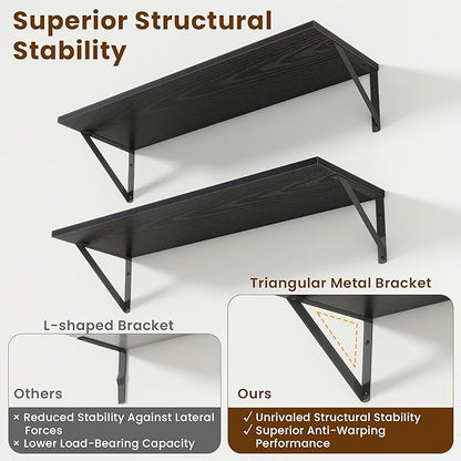 8" Deep Floating Shelves for Wall,16 inch Wood Wall Shelves Set of 2,Wide Floating Bookshelf with Sturdy Metal Brackets,Hanging Storage Floating Shelf for Living Room,Bedroom,Bathroom,Office,Black