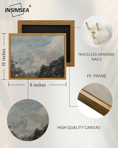 InSimSea Framed Canvas Print Art, Vintage Impressionist Landscape Painting, Rustic Farmhouse Cottage Decor for Hallway Wall Floating Shelf Desk Vanity Fireplace, 10x8in, Soft Blue Tones