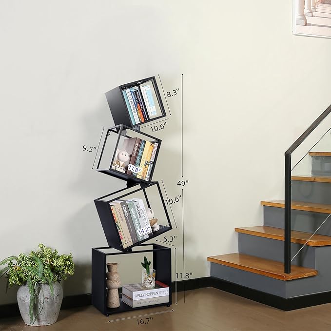 Bookshelf, 4-Tier Geometric Black Bookcase, 49" Tall Modern Corner Bookshelf, Storage Shelves for CDs/Books/Home Decor, Display Shelf for Living Room, Bedroom, Study Room, Nursery Room, Home Office