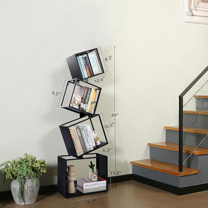 Bookshelf, 4-Tier Geometric Black Bookcase, 49" Tall Modern Corner Bookshelf, Storage Shelves for CDs/Books/Home Decor, Display Shelf for Living Room, Bedroom, Study Room, Nursery Room, Home Office