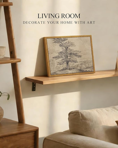 InSimSea Framed Canvas Print Art, Vintage Tree Sketch Landscape Painting, Rustic Farmhouse Cottage Decor for Hallway Wall Floating Shelf Desk Vanity Fireplace,10x8 in, Neutral Tones