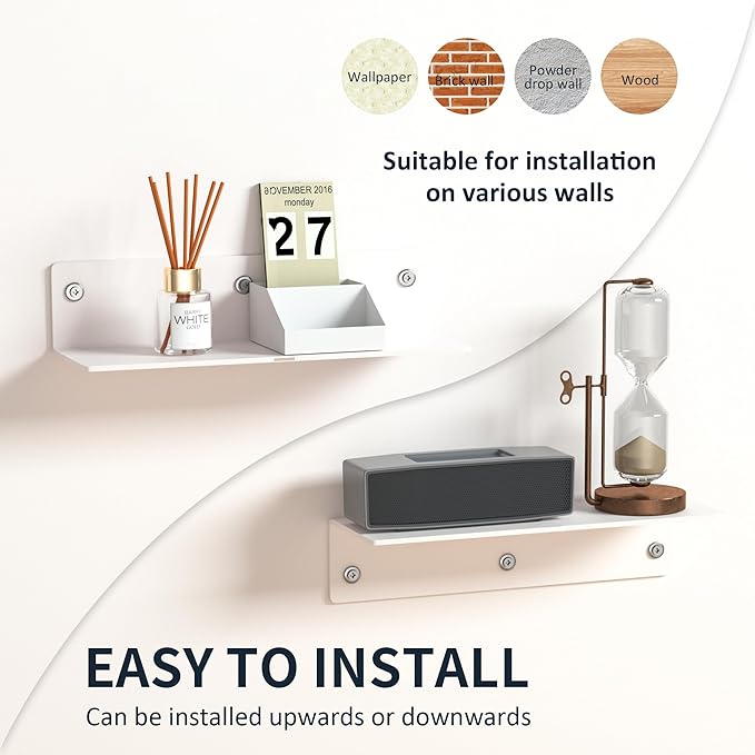 12 Inches White Acrylic Wall Shelves Set of 2, Wall Mounted Shelves for Plants, Speaker, Camera, Toiletries, Spice Jars, Coffee, Candles, Shoes, 2 Pack