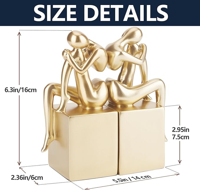 Book Ends, Gold Girl Thinker Design, Non-Skid Heavy Duty Resin Book Stopper for Books, Bookends with Base, Modern Bookends for Shelves, Resin, 1Pair/2Piece
