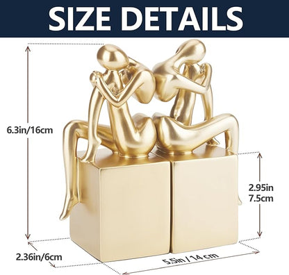 Book Ends, Gold Girl Thinker Design, Non-Skid Heavy Duty Resin Book Stopper for Books, Bookends with Base, Modern Bookends for Shelves, Resin, 1Pair/2Piece