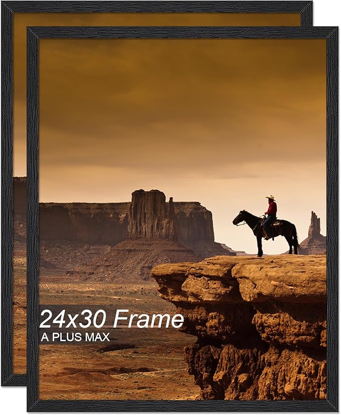 A PLUS MAX 24x30 Picture Frame Set of 2, Black Engineered Wood Frame for 24 x 30 Inch Picture Poster Photo, Light Weight 24 by 30 Frame with Wood-grain for Wall - 2 Pack/Black/24 x30