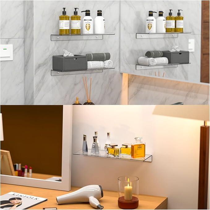 Clear Acrylic Floating Shelves Set of 4 for Lego Sets Funko Pop Collectibles Kids Bookshelf Figures Plant Picture Photo Modern Wall Ledge Floating Shelf for Bedroom Decor Living Room Wall Shelf