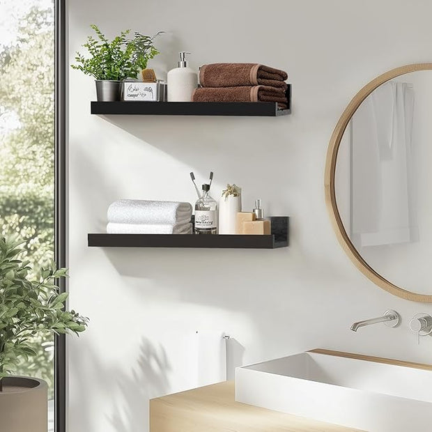 Muzilife 45.3" Large Floating Wall Ledge Shelves with Lip - Set of 2 Wood Floating Shelves - Black Wall Mounted Picture Ledge for Office, Bathroom, Bedroom, Living Room, Kitchen