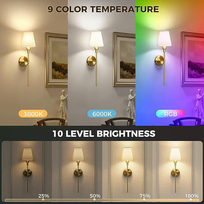 DORESshop Upgraded 4 Rechargeable Bulbs Battery Operated Wall Sconce Set of 2, 15 Color Wireless Wall Sconces Set of 2, Sconce Wall Decor Set of 2 for Bedroom, Living Room, Brushed Gold 24.6in