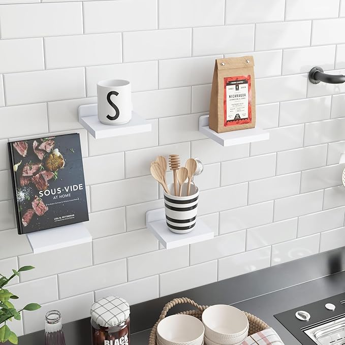 Fixwal Floating Shelves for Wall, Rustic Wood Small Wall Mounted Shelves for Bedroom, Living Room, Kitchen, Bathroom Decor, Set of 4, 5 x 5 Inches (White)