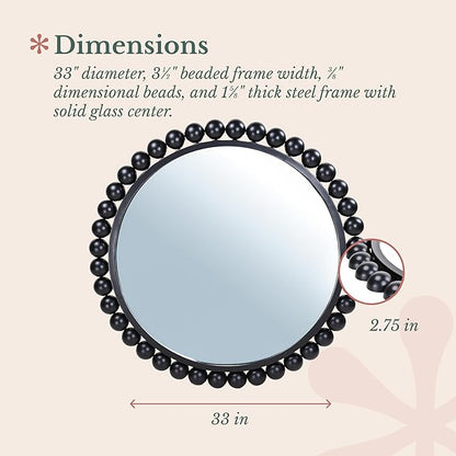 Hamilton Hills Black Circle Mirror - 33 x 33in - Chic Round Mirror for Living Room, Bathroom, Entryway, Vanity Decor -Dimensional Crystal Clear Beads Reflect Light - Home Wall Decor