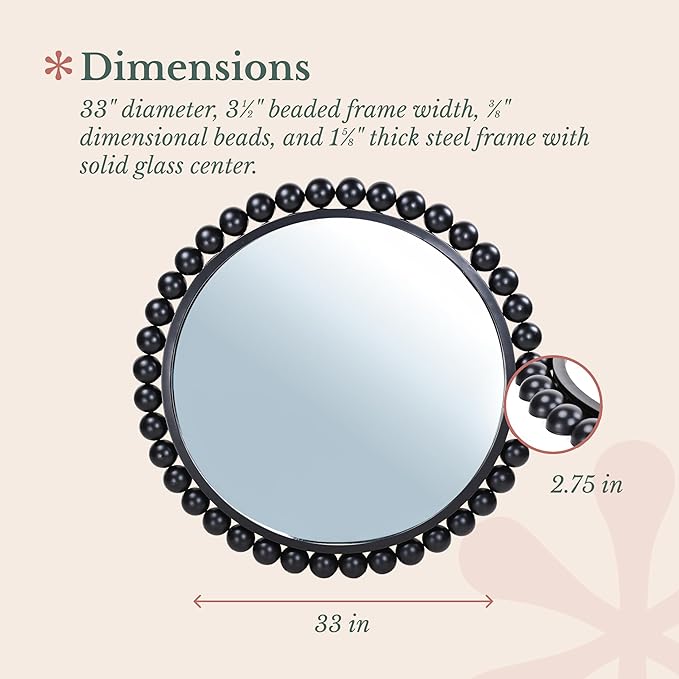 Hamilton Hills Black Circle Mirror - 33 x 33in - Chic Round Mirror for Living Room, Bathroom, Entryway, Vanity Decor -Dimensional Crystal Clear Beads Reflect Light - Home Wall Decor