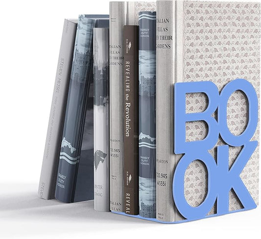 Book Ends - Decorative Metal Book Ends Supports for Bookrack Desk,Books, Unique Appearance Design,Heavy Duty (Blue, 4 Pair)