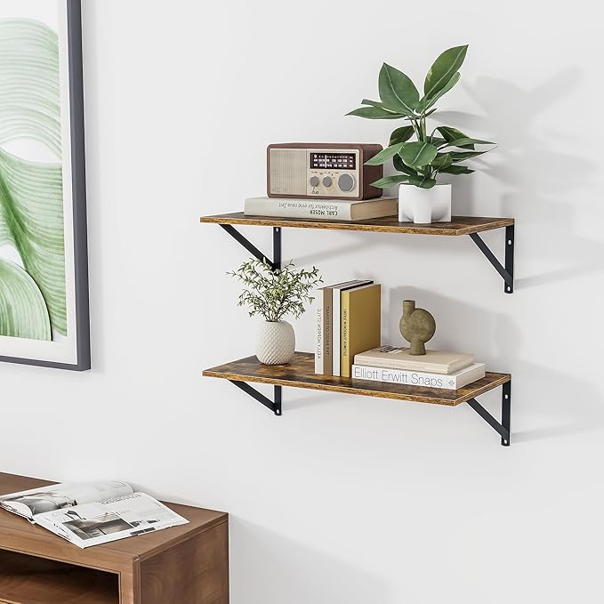 Heimlove Deep Floating Shelves for Wall, 24W x 12D Wood Wall Shelves Set of 2, Wide Floating Bookshelf for Living Room, Kitchen, Office, Bedroom and Decor Storage, with Metal Bracket - Rustic Brown