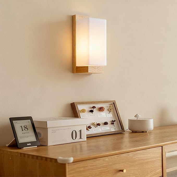 Modern Farmhouse Wall sconces 2-Piece Set Small Wood sconces White Frosted Textured Glass Wall Light Indoor Farmhouse Wall lamp for Bedroom Living Room and Hallway with E26 Base
