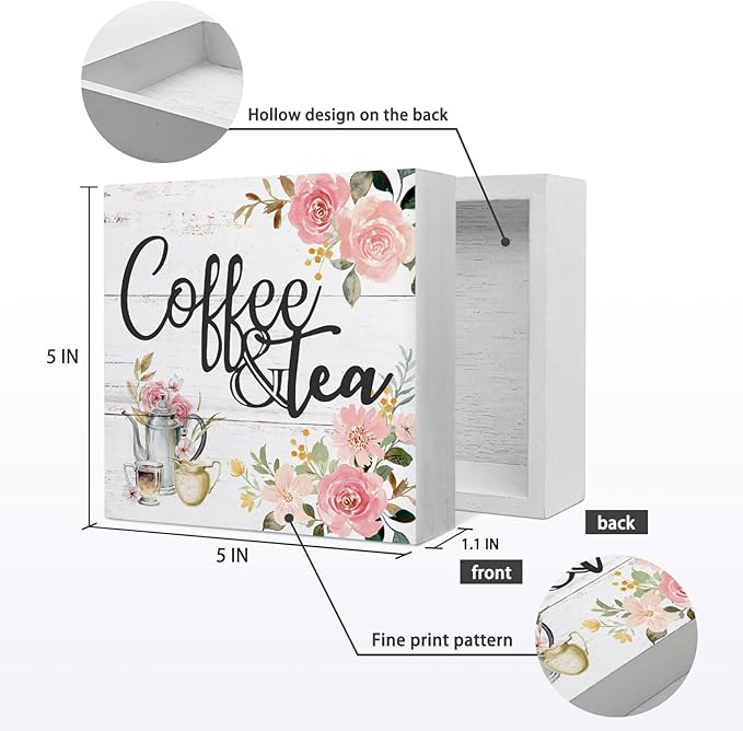 Coffee and Tea Pink Floral Wood Box Sign Desk Decor,Rustic Wooden Block Sign Decorations for Home Kitchen Office Coffee and Tea Bar Wall Tabletop Shelf Decor