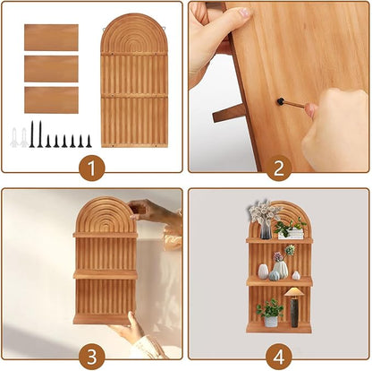 2 PCS Boho Wall Shelf with Screws, Wooden Rainbow Wall Shelves Mid Century Boho Arch Shelf, Boho Decor Shelves for Bathroom, Bedroom, Kitchen Decoraction and Storage (Wood-05)