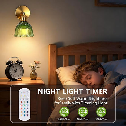 Vintage Battery Operated Wall Sconce with Green Ripple Glass Lampshade Rechargeable Battery Powered Wall Light with Remote Control for Bedside Bedroom Bathroom, Set of 1