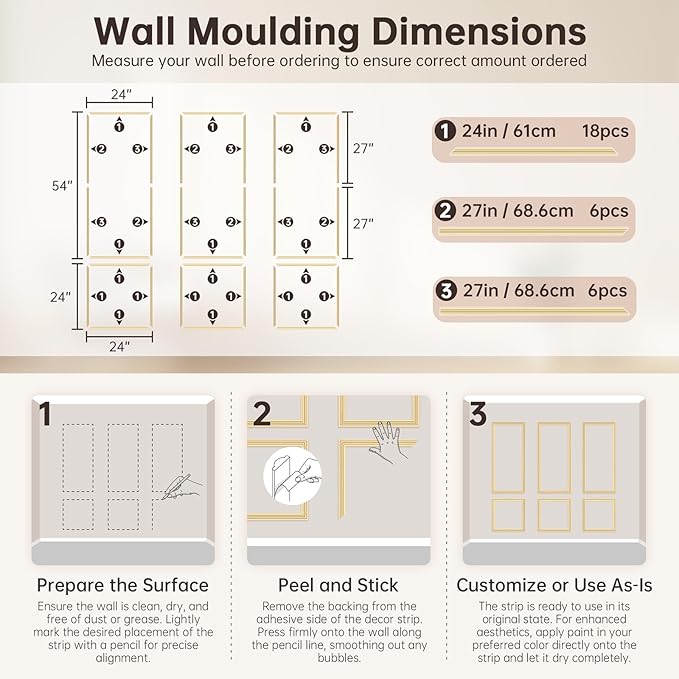 DODOKIE Peel and Stick Wall Molding Kit, Pre Cut Molding Wainscoting Panels for Interior Home Wall Moulding Décor Living Room Decoration, Self-Adhesive Ready to Assemble Gold (3 Set, 24 x 78 in)