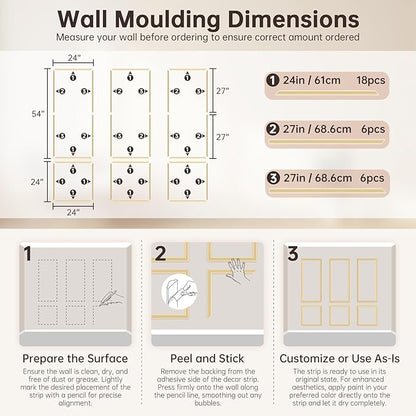 DODOKIE Peel and Stick Wall Molding Kit, Pre Cut Molding Wainscoting Panels for Interior Home Wall Moulding Décor Living Room Decoration, Self-Adhesive Ready to Assemble Gold (3 Set, 24 x 78 in)