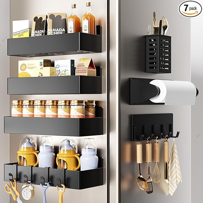 Magnetic Spice Rack for Refrigerator,7 Pack Magnetic Shelf,Fridge Magnet Organizer with Paper Towel Holder,Utensils Racks,Hook Rack,Fridge Organizers and Storage Black(7 Pack)