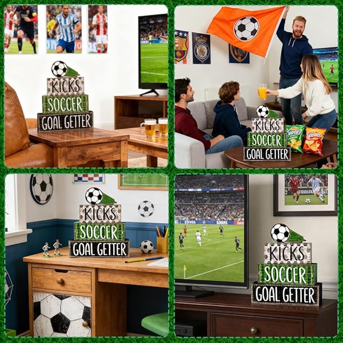 DIYDEC 4Pcs Soccer Tabletop Decorations Ball Wooden Block Signs Gift Rustic Football Tiered Tray Decor Soccer Goal Centerpiece World Cup Table Sign for Home Office Tabletop Fireplace Party Decor