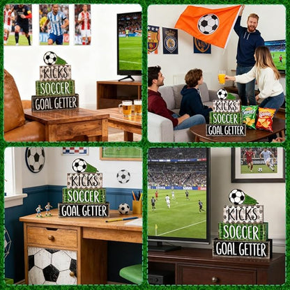 DIYDEC 4Pcs Soccer Tabletop Decorations Ball Wooden Block Signs Gift Rustic Football Tiered Tray Decor Soccer Goal Centerpiece World Cup Table Sign for Home Office Tabletop Fireplace Party Decor