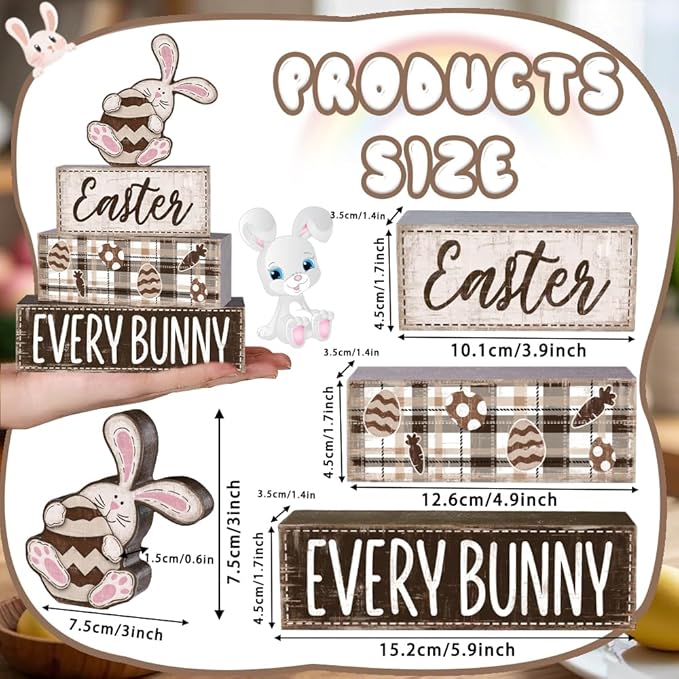 DIYDEC 4Pcs Easter Tabletop Decorations Rabbit Wooden Block Signs Bunny Tiered Tray Decor Happy Easter Centerpiece Farmhouse Wood Bunny Table Sign for Kitchen Home Office Party Decor