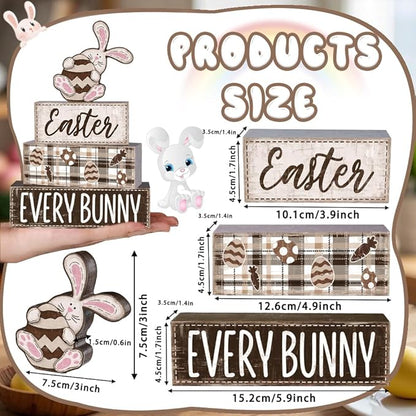 DIYDEC 4Pcs Easter Tabletop Decorations Rabbit Wooden Block Signs Bunny Tiered Tray Decor Happy Easter Centerpiece Farmhouse Wood Bunny Table Sign for Kitchen Home Office Party Decor