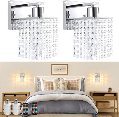 Set of 2 Crystal Battery Operated Wall Sconce,Rechargeable Wall Lamp with 5200mAh Battery & Remote Control, Modern Dimmable Wireless Wall Lights for Bedroom Bathroom (Clear, Silver Base)