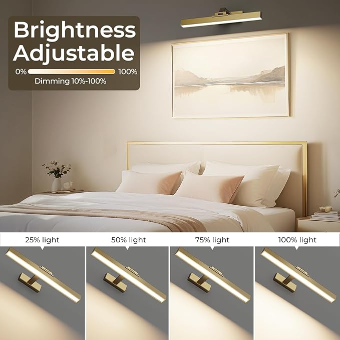 Picture Lights for Wall, Brushed Gold Battery Operated Picture Light 16in Art Light CCT Dimmable Recharging Battery Wall Light with Remote Control for Living Room Gallery 2PCS