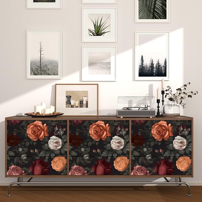 Vintage Floral Peel and Stick Wallpaper Dark Black Rose Floral Contact Paper 17.5'' x 393'' Waterproof Self Adhesive Boho Orange/Red Flowers Wall Mural Wall Paper for Bedroom Stair Cabinet Decor