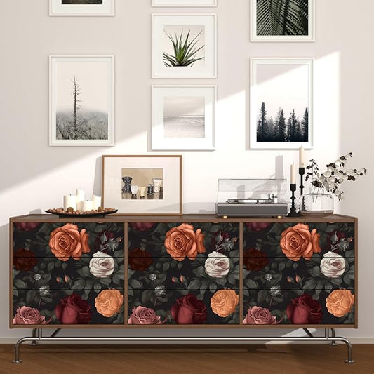 Dark Floral Peel and Stick Wallpaper Vintage Orange/Red Floral Contact Paper 17.5"x118" Waterproof Self Adhesive Boho Wall Mural Black Rose Wall Paper for Bedroom Stair Cabinet Decor