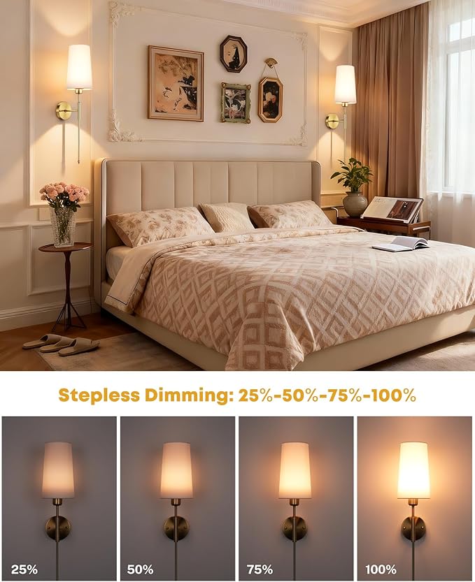 Battery Operated Wall Sconce Set of 2, 13000mAh Rechargeable Battery Powered Sconces with Remote Dimmable Fabric Shade Wireless Sconces Fixture for Bedroom Living Room