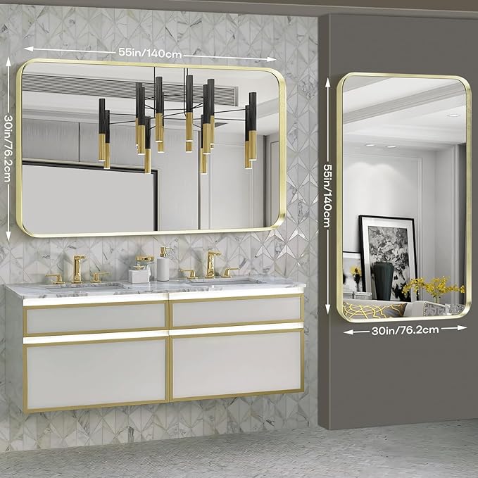 Gold Metal Framed Bathroom Mirror for Wall, Large Brushed Gold Rounded Corner Rectangular Bathroom Vanity Mirror, Anti-Rust, Tempered Glass, Hangs Horizontally or Vertically (30