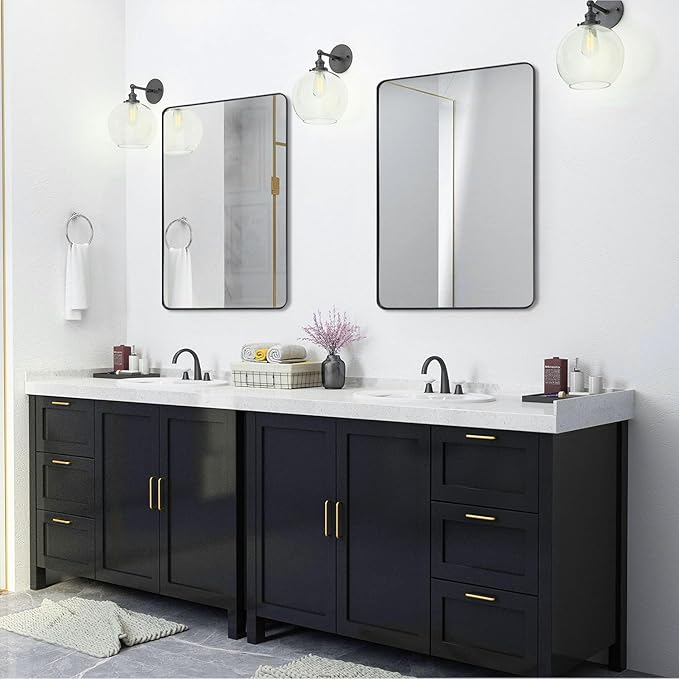 Black Metal Framed Bathroom Mirror for Wall, Large Brushed Matte Black Rounded Corner Rectangular Bathroom Vanity Mirror, Anti-Rust, Tempered Glass (28