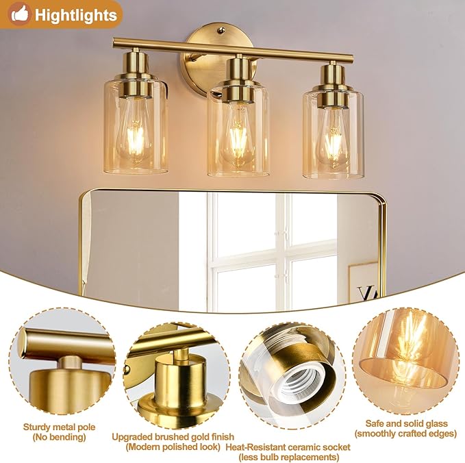 3-Light Bathroom Light Fixtures, Brushed Gold Vanity Light, Farmhouse Wall Lights with Amber Glass Shades, Bathroom Wall Lamp for Mirror Kitchen Bedroom Hallway Living Room