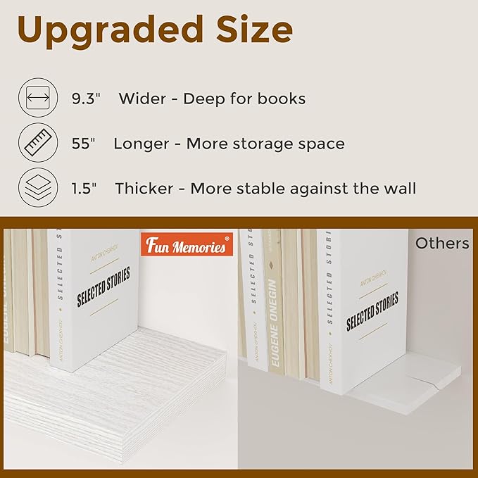 Fun Memories 16 Inch Long Floating Shelves in White, 9.3 Inch Deep Floating Shelf for Wall, Living Room, Kitchen, Rustic Deep Wood Shelves for Bathroom, 2 Pack Storage Display Shelf for Books, Decor