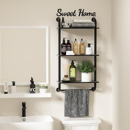 Bathroom Shelves Wall Mounted, Rustic Farmhouse Pipe Shelves, Walls Shelf 3-Tier, Industrial Pipe Shelving, Floating Shelf Wall Decor for Bathroom, Kitchen, Bedroom, Living Room 17.3in Black