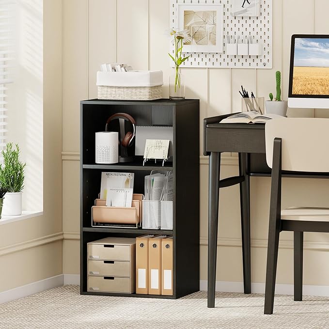 Giantex 3 Tier Bookshelf, Black Bookcase 3 Shelf, Open Cube Storage Orginazer Cabinet, Multi-Functional Home Office Bedroom Furniture Display Book Shelf